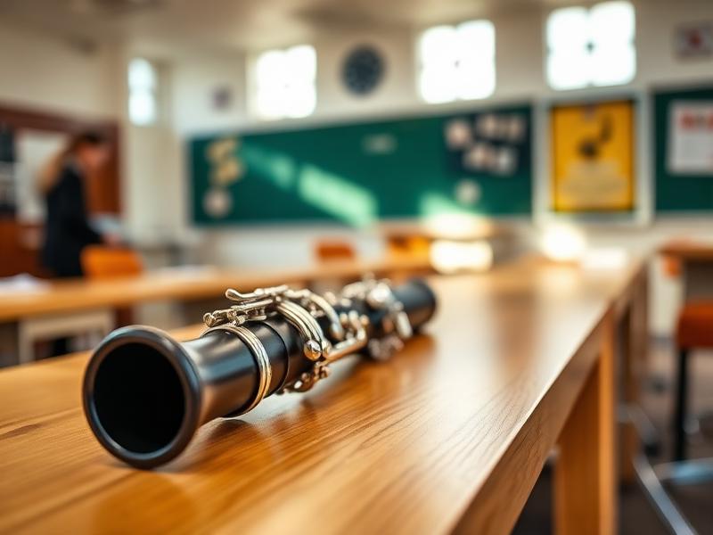 Clarinete apoyado sobre una mesa de madera en un aula
