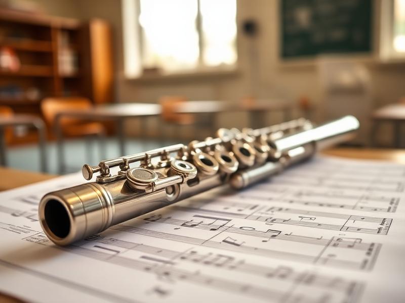 Flauta travesera sobre una partitura en un aula de música de ANMAVI en Murcia