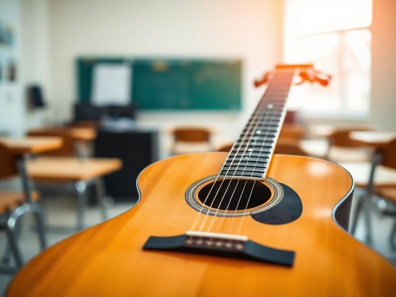 Guitarra clásica apoyada en un aula de música en Murcia