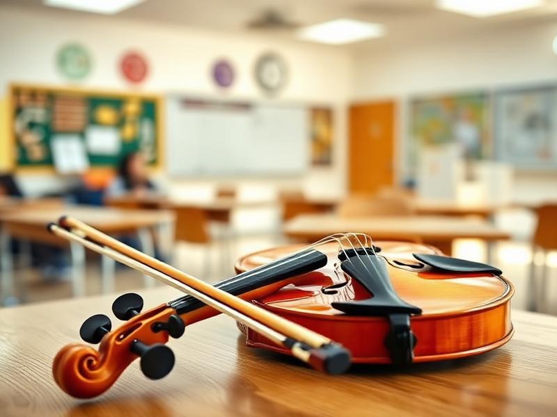 Violín y arco sobre una mesa en un aula de música de ANMAVI en Murcia